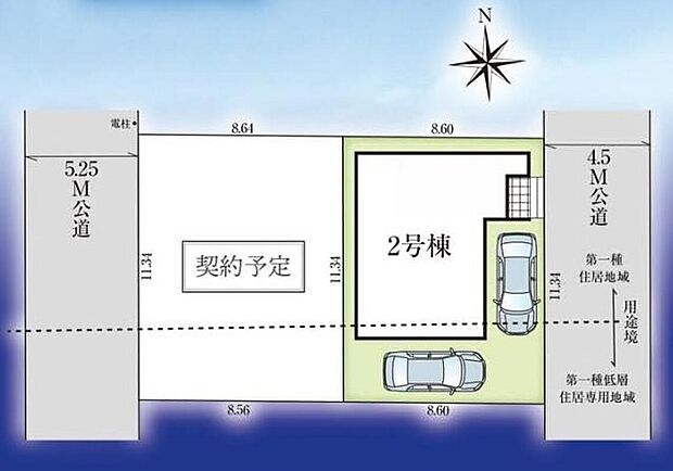 閑静な住宅街に佇む南向き全2棟♪カースペース2台分完備!家族分の自転車を駐輪したり、来客用の駐車スペースとしてもお使いいただけます。