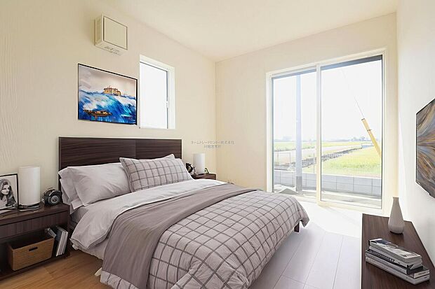 【洋室】大きなベッドを置いてもゆとりのある広さ!収納完備しておりますので、家具が少なく済みます!お掃除もラクラクですね♪※家具をCGで加工しています。家具付き販売ではございません。