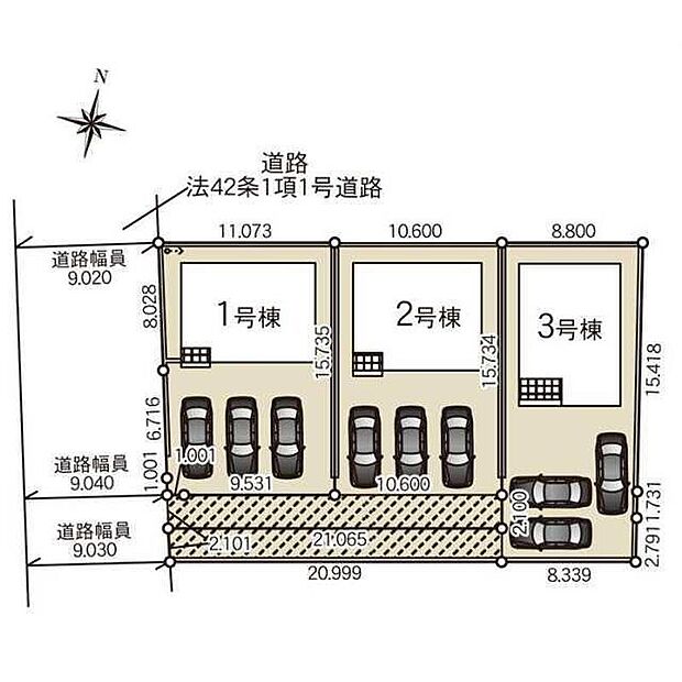 【全体区画図】敷地５１坪超え！通風採光良好の全棟南向き♪カースペースはゆとりの３台駐車可能。駐輪場として、来客時や将来お子様も車を持たれた時など何かと重宝します。物置スペースとして利用してもいいですね♪