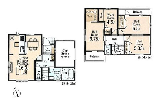 【3LDK+S】カウンター付き対面式システムキッチンを配したワンフロアタイプの１６帖LDK♪２階に多目的に使用可能なワークルームを設置！テレワークコーナーや趣味のお部屋に最適です。主寝室にはWICをご用意しました♪