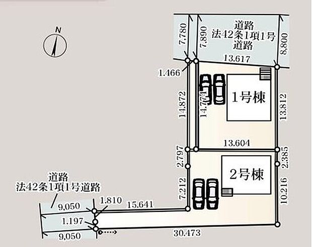 【全体区画図】敷地58坪超え南向き全2棟!南庭付きの理想的なお住まいです♪カースペースは2台分ございますので、家族分の自転車を駐輪したり、来客用の駐車スペースとしてもお使いいただけます。
