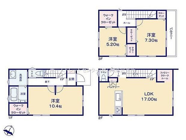 【3LDK】開放的でプライバシー性の高い広々とした2階リビングには収納も豊富にあり、ファミリークローク・パントリーを完備!WICが2カ所あるので、衣類や季節物の家電等がスッキリと片付きます♪