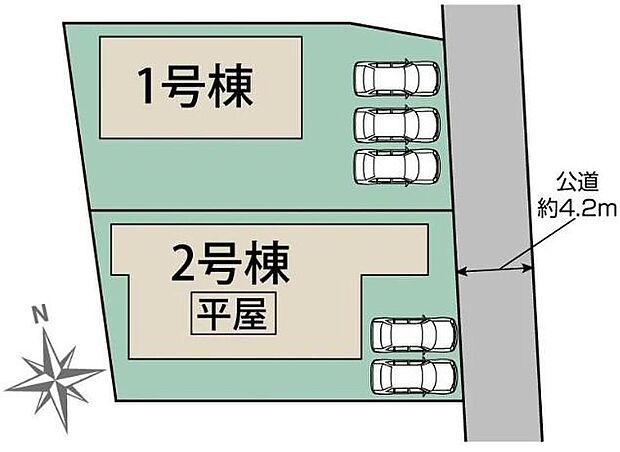【全体区画図】東武越生線「武州長瀬」駅徒歩６分！敷地６２坪超えのゆとりあるお住まいです！南向きで通風採光良好♪カースペースは並列２台分（２号棟）・並列３台分（１号棟）完備！