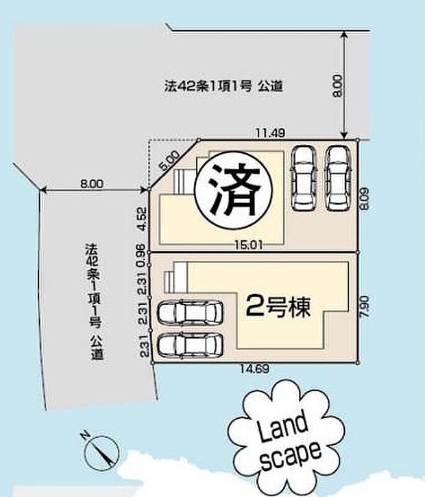 【全体区画図】ＪＲ川越線「笠幡」駅徒歩１７分♪小学校が徒歩２分にあるので子育て世帯にも安心の住環境です！カースペースは並列２台分♪駐輪場や来客用の駐車スペースとしてもお使いいただけます。