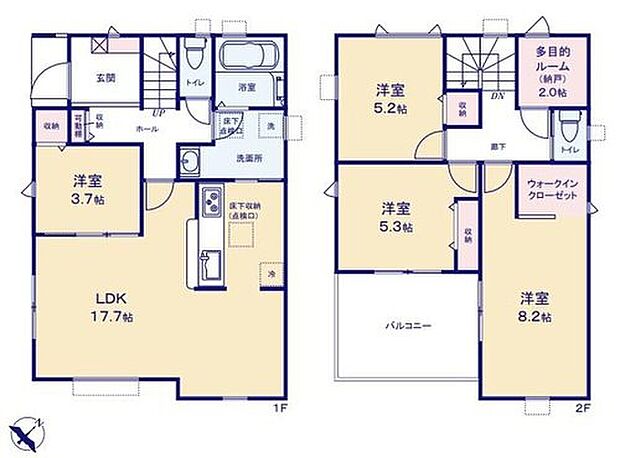 【4LDK+S】リビングに隣接する洋室を開放すると２１帖超えの大空間に！リビングの延長として広くお使いいただけます。キッズコーナーやお昼寝コーナーにも最適♪２階には用途多様な納戸をご用意しました♪
