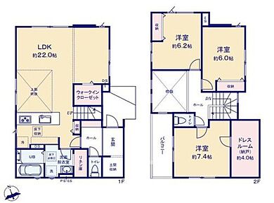 ワンフロアタイプのLDKは２２帖！ご家族揃ってゆっくりお過ごしいただけます♪収納豊富な間取り！WIC・SIC・パントリー・リネン庫、２階には用途多様な納戸完備♪ 
