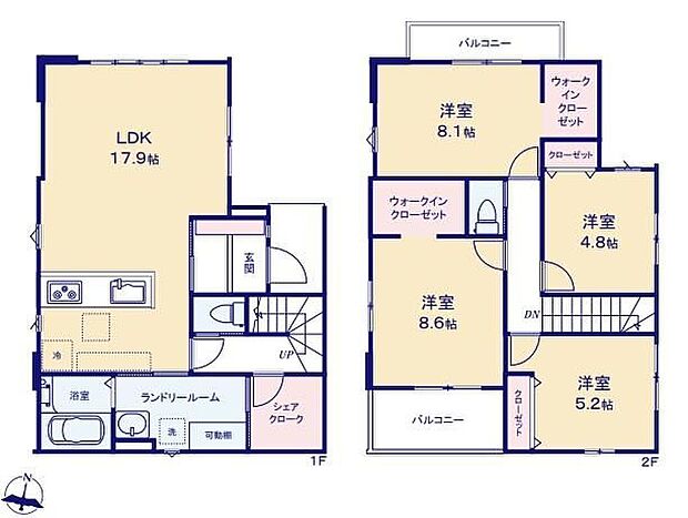 【4LDK】ワンフロアタイプのLDKは１７帖超え！ご家族揃ってゆっくりお過ごしいただけます♪WIC２カ所・シェアクローク完備で収納も豊富です！