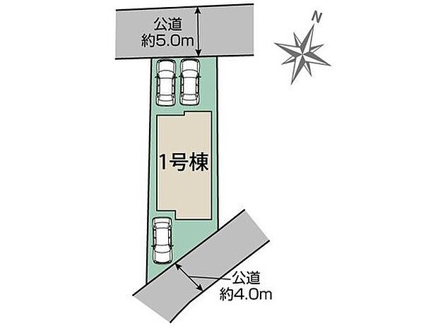【全体区画図】北西×南東を公道に挟まれた通風採光良好のお住まい♪カースペースはゆとりの３台駐車可能。駐輪場として、来客時や将来お子様も車を持たれた時など何かと重宝します。物置スペースとしてのご活用も◎♪