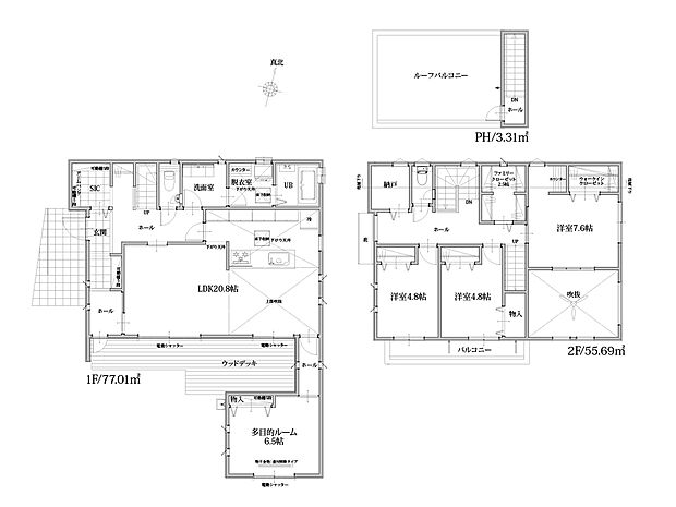 【3LDK＋3S】約20.8帖のLDKに吹抜を設けた開放感あふれる住空間。6.5帖の多目的ルームやウッドデッキ、ルーフバルコニーなど、家族時間もプライベート時間も充実するプランです。SIC・WIC・ファミリークローゼット・納戸を備え収納力も豊富。長期優良住宅認定、耐震等級3・省令準耐火構造を取得し、快適性・安全性・省エネ性にも配慮した長く安心して暮らせる住まいです。