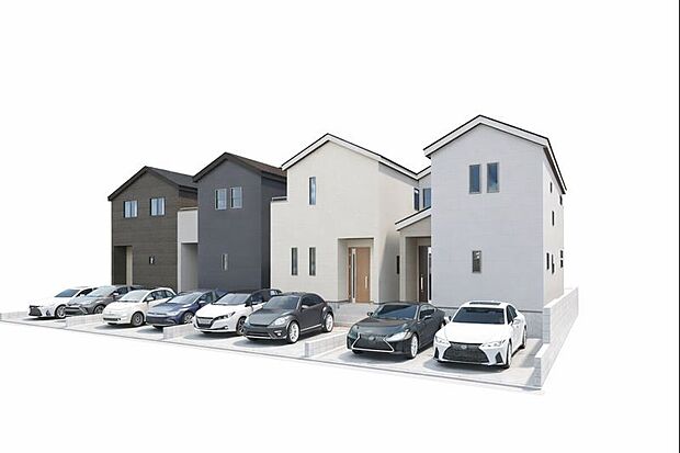 【完成予想図(外観)】
1棟1棟違った表情を持つ、豊かなデザイン☆採光良好且つ、風通しも良く、快適に暮らせるお住まいです。※イメージ画像は実際とは異なる場合があります。