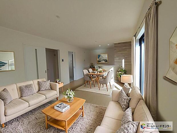 【A号棟リビング】暖かな雰囲気のLDK。ご家族が自然と集まる穏やかな暮らしがイメージできますね♪
※こちらはCGで画像を生成したイメージ画像になります。家具などは付いておりません。