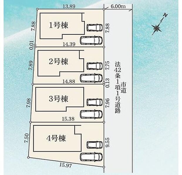 ≪全体区画図≫
カースペース2台分ございますので（車種による）、家族分の自転車を駐輪したり、来客用の駐車スペースとしてもお使いいただけます。