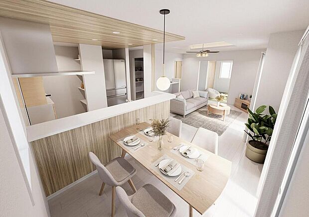 【内観イメージ】(2号棟)
贅沢なほどの大空間LDKは家族で過ごす時間が楽しみになりそうです♪
※こちらはCGで画像を生成したイメージ画像になります。家具などは付いておりません。