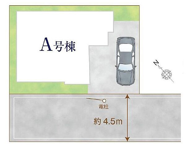 前面道路は車の通り抜けができないので静かで安心な立地です♪
嬉しいコンクリート仕上げのカースペース。雨の日も足元を気にせず外出できます。
