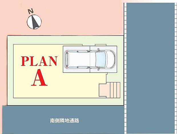 愛車を雨風から守るビルトイン車庫を1台分完備☆前面は東側約5mの道路、南側は隣地通路となっており、日当たりや通風にも配慮された開放感のある立地です♪