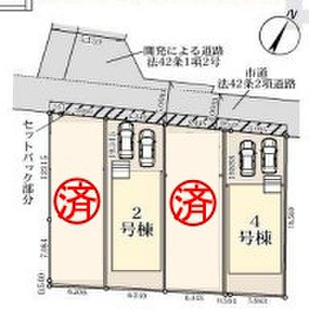【全体区画図】前面道路は車通りが少ないため、駐車の際にも安心です♪カースペース２台分ございますので、家族分の自転車を駐輪したり、来客用の駐車スペースとしてもお使いいただけます。