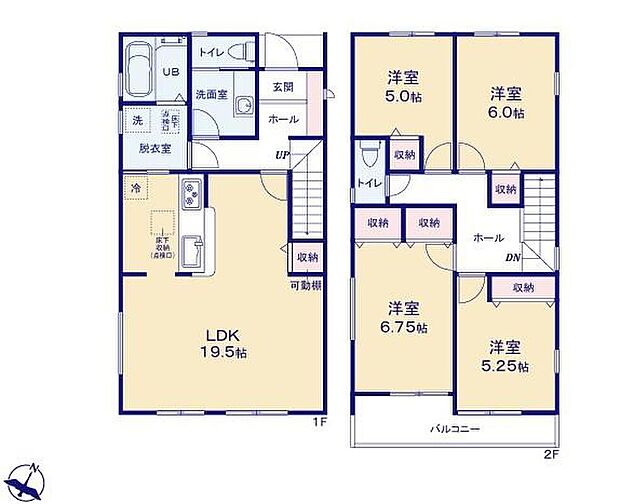 【4LDK】折上天井を採用したリビングは広々19.5帖超！あると便利な収納付きです♪
ご家族が集う空間と、個の時間を大切にする居室をしっかり分け合える２階４居室プラン♪