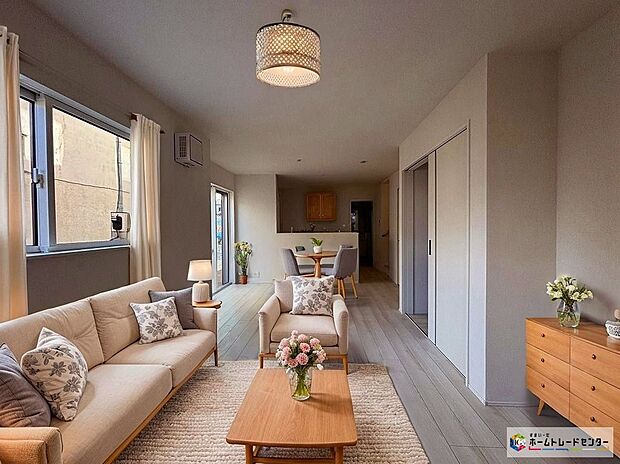 【リビング】暖かな雰囲気のＬＤＫ。ご家族が自然と集まる穏やかな暮らしがイメージできますね♪
※こちらはCGで画像を生成したイメージ画像になります。家具などは付いておりません。