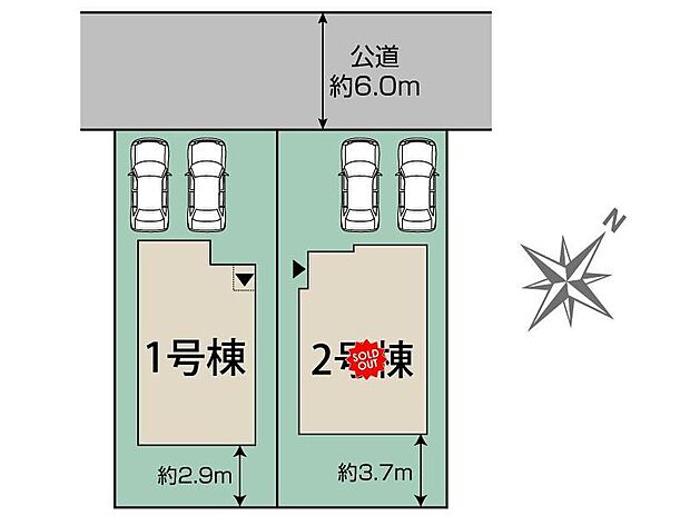 【全体区画図】駐車スペース並列2台分！
前面道路は幅約6ｍなので、お車の出し入れ安心です！
小学校徒歩12分の住環境良好なお住まいです♪