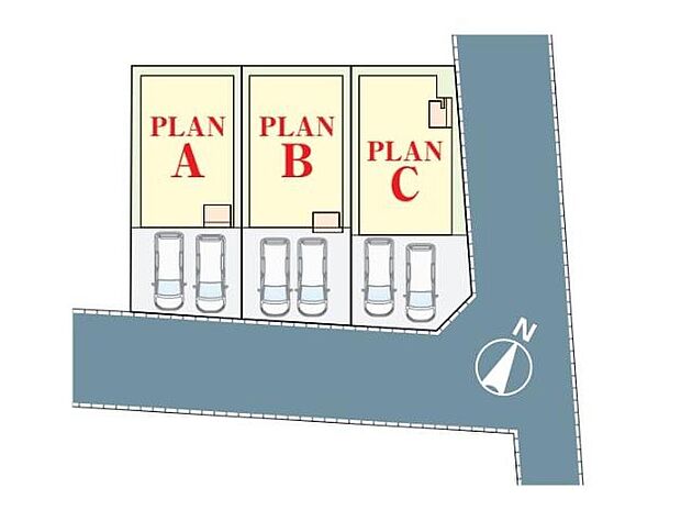 【全体区画図】前道が6ｍあるので、車庫入れが苦手な方でも安心して入れられます。
2台を並列駐車できるゆとりあるカースペース。