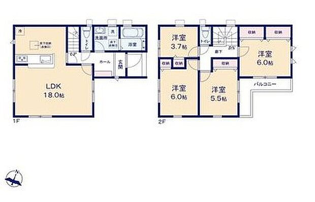 【4LDK】◇2階に居室をまとめた4LDKプラン♪
◇3面採光のリビングは広々18帖♪
◇全居室収納完備でお部屋スッキリ！
◇2方向から光と風を取り込むL型バルコニー♪