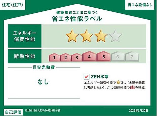 【【省エネ性能ラベル】】こちらの物件はZEH水準を満たした、省エネ性能に優れた物件です。 光熱費を抑えて暮らすことができるだけでなく、「熱の入りにくさ・逃げにくさ」という観点でも影響を受けにくい建物のため、長く快適にお過ごしいただけます♪