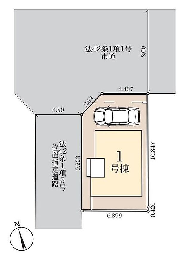 【全体区画図】開放感ある角地の3階建住宅☆
ビルトインガレージ採用で、雨風から大事な車を守ります。