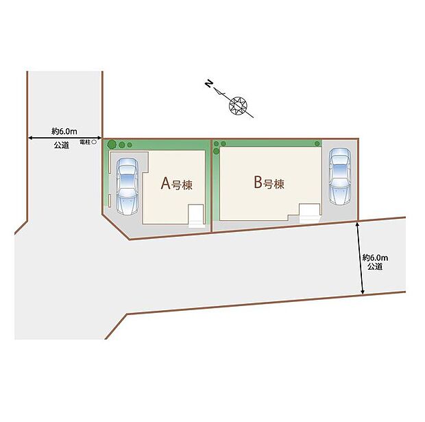 【全体区画図】前面の道路は6mとゆとりがあるので、お車の出し入れがスムーズです。