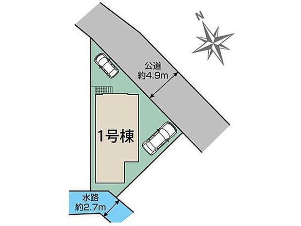 【区画図】カースペースは車種により２台分駐車可能です！前面道路は車通りが少ないため、駐車の際にも慌てることがなく安心です♪