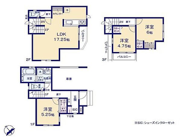 【3LDK】道路からの視線が気にならない2階リビングの3階建て♪
インテリアに統一感が生まれる全室洋室プラン◎
カウンター付きのキッチンはお子様の宿題や家事スペース
として多用途にお使いいただけます☆