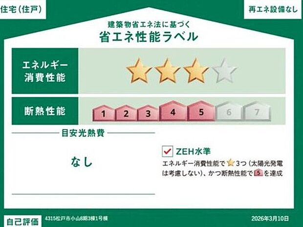 【【省エネ性能ラベル】】こちらの物件はZEH水準を満たした、省エネ性能に優れた物件です。　光熱費を抑えて暮らすことができるだけでなく、「熱の入りにくさ・逃げにくさ」という観点でも影響を受けにくい建物のため、長く快適にお過ごしいただけます♪　※本ラベルは特定の住戸の性能を示すものであり、全ての住戸の性能を示すものではありません。