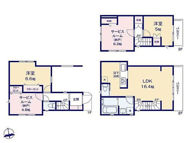 【2LDK+2S】道路からの視線が気にならない2階リビングの3階建て♪
居室として使える納戸が2か所☆
カースペースは大切なお車を雨から守るビルトインガレージを採用しています◎