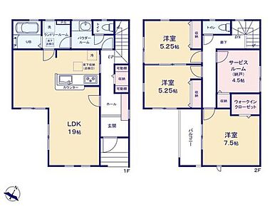 広々19帖のLDK！対面キッチンからはLDK全体を見渡せます！2階に収納豊富な4部屋を集約☆ 