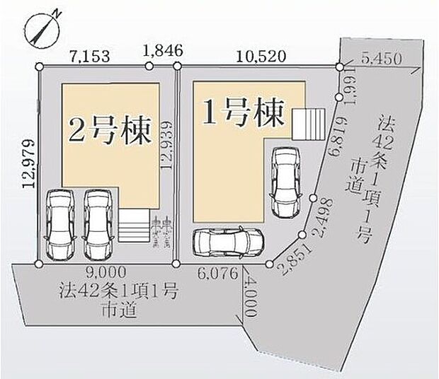 【全体区画図】駐車スペースはお車2台分をご用意◎
マイカー通勤の方も安心ですね！
空いたスペースごは家族の自転車駐輪にもお使いいただけます◎