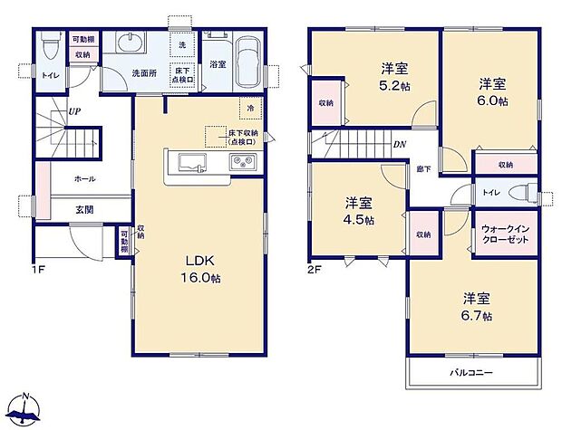 【4LDK】収納力豊富なウォークインクローゼットを設置。洋室を2階に集約し、プライバシーにも配慮した間取りプラン。