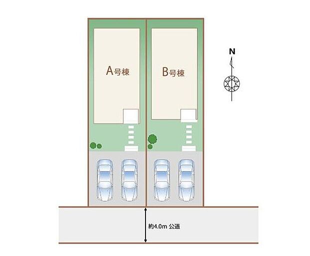 【全体区画図】周辺は交通量の少ない生活道路なので小さなお子様がいても安心です。カースペース2台分ございますので、家族分の自転車を駐輪したり、来客用の駐車スペースとしてもお使いいただけます。