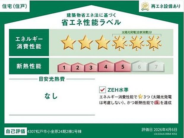 【【省エネ性能ラベル】】こちらの物件はZEH水準を満たした、省エネ性能に優れた物件です。 光熱費を抑えて暮らすことができるだけでなく、「熱の入りにくさ・逃げにくさ」という観点でも影響を受けにくい建物のため、長く快適にお過ごしいただけます♪ ※本ラベルは特定の住戸の性能を示すものであり、全ての住戸の性能を示すものではありません。