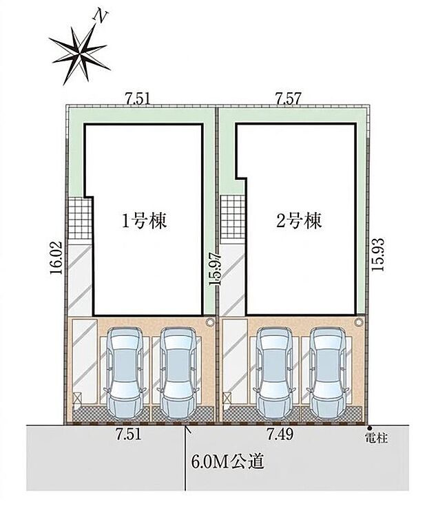 【全体区画図】カースペース2台分ございますので、家族分の自転車を駐輪したり、来客用の駐車スペースとしてもお使いいただけます。