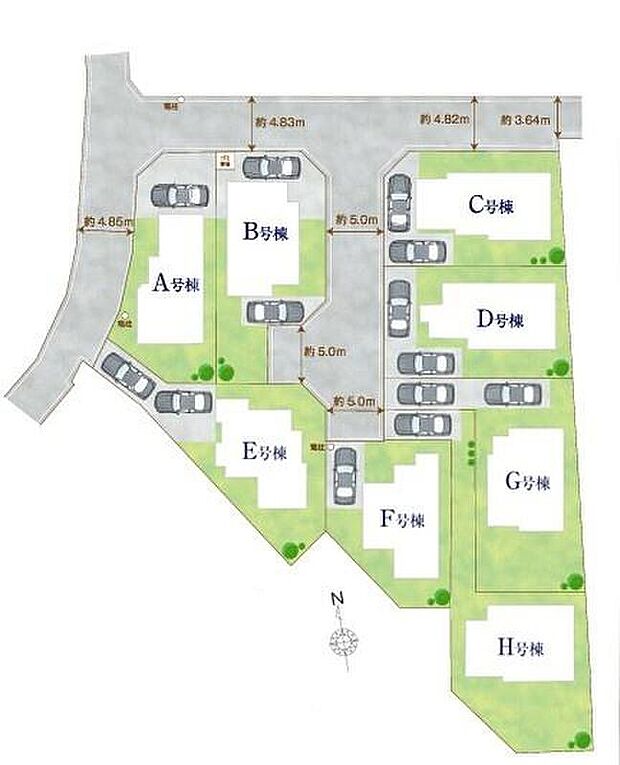 【全体区画図】一戸建ては都心部などの物件を除き、駐車スペース付きの物件が一般的。玄関と駐車スペースとの行き来もしやすく、天候が悪い日などに便利。