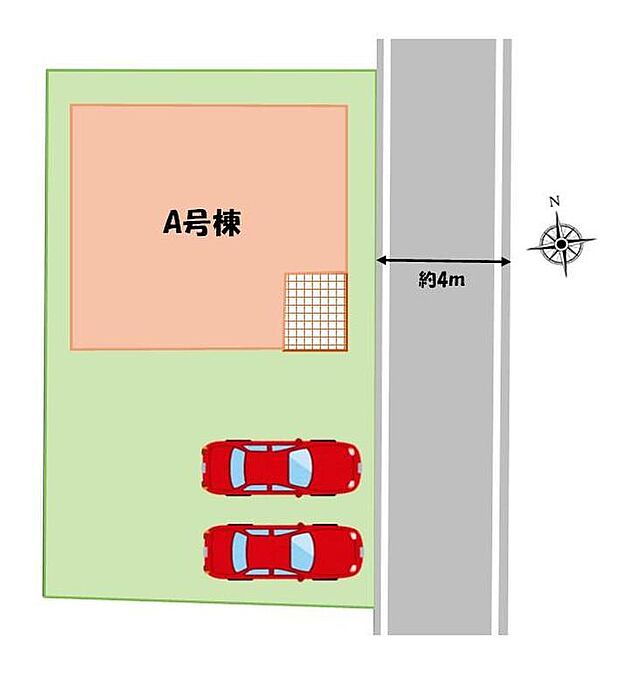 【全体区画図】カースペース2台分ございますので、家族分の自転車を駐輪したり、来客用の駐車スペースとしてもお使いいただけます。
