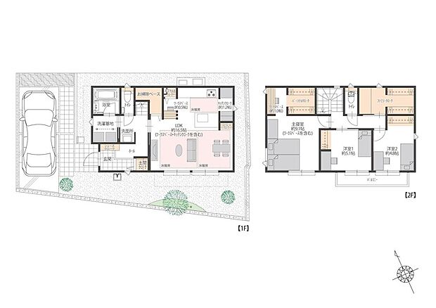 【3LDK】■5号地間取図　
南西向きリビングに、使い勝手の良いセパレートキッチンと約1.2帖のキッチンクロークを配置。1階におでかけクロークとお掃除ベース、2階にファミリークロークを備えた収納充実の間取りです。