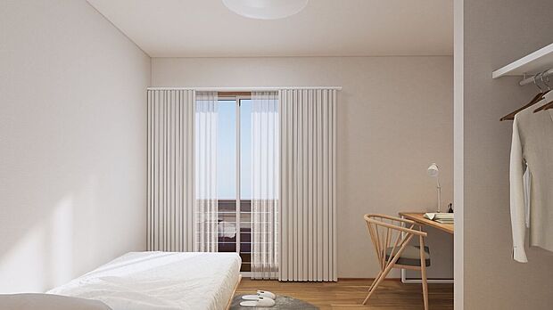 【完成予想図（内観）】■5号地洋室１（パース）約5.1帖の洋室には、ハンガーポール付きの収納を設置。衣類や小物をまとめて片付けることができ、室内をすっきりと保てる空間です。