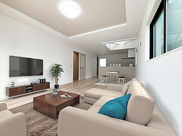 【１号棟】広々とした明るいリビング♪
対面式のオープンキッチンは、家事をしながら家族の様子が一目でわかる安心＆便利設備です♪
※家具をCGで加工しています。家具付き販売ではございません。