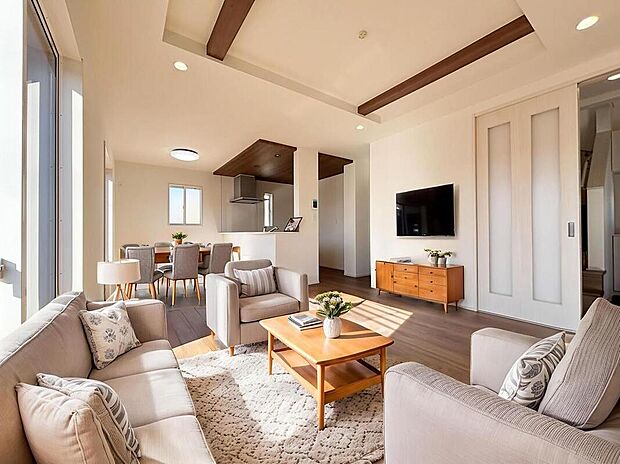 【２号棟】広々とした明るいリビング♪
対面式のオープンキッチンは、家事をしながら家族の様子が一目でわかる安心＆便利設備です♪
※家具をCGで加工しています。家具付き販売ではございません。