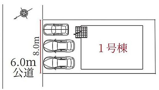 【全体区画図】間口8m♪最大3台駐車可能です!(車種による)前面道路6mで見通し良好♪