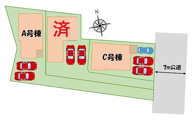 【全体区画図】全3棟♪前面道路は7mあるので駐車時もゆとりがあり安心です☆C号棟は車種により最大3台駐車可能!