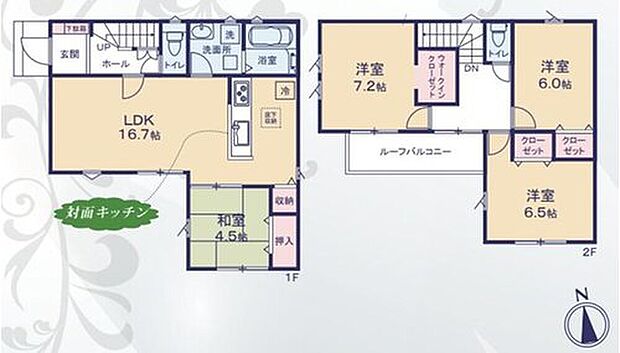 【4LDK】１６帖超のリビングには和室が隣接♪リビングと一体利用が可能です☆２階居室は全て６帖以上でゆったり♪急な天候変化にも安心なルーフバルコニーを採用☆