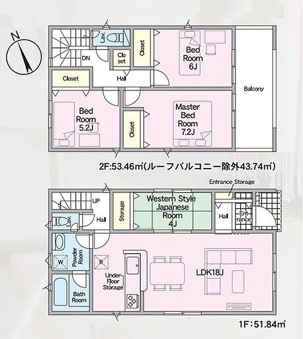 【4LDK】18帖の広々リビングには和室が隣接♪お子様のお昼寝スペースにもおすすめ◎2階居室3部屋あり、家族のプライバシーを守ります◎ワイドなルーフバルコニーつき☆