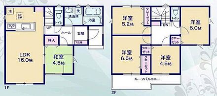 対面キッチンのある１６帖LDK！隣接した４．５帖の和室は玄関ホール側からも入室可能☆客間として使用もできます♪２階居室は４部屋♪お子様自分の部屋が持てます☆ワイドなルーフバルコニー付き！ 