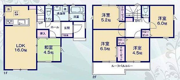 【5LDK】対面キッチンのある１６帖LDK！隣接した４．５帖の和室は玄関ホール側からも入室可能☆客間として使用もできます♪２階居室は４部屋♪お子様自分の部屋が持てます☆ワイドなルーフバルコニー付き！